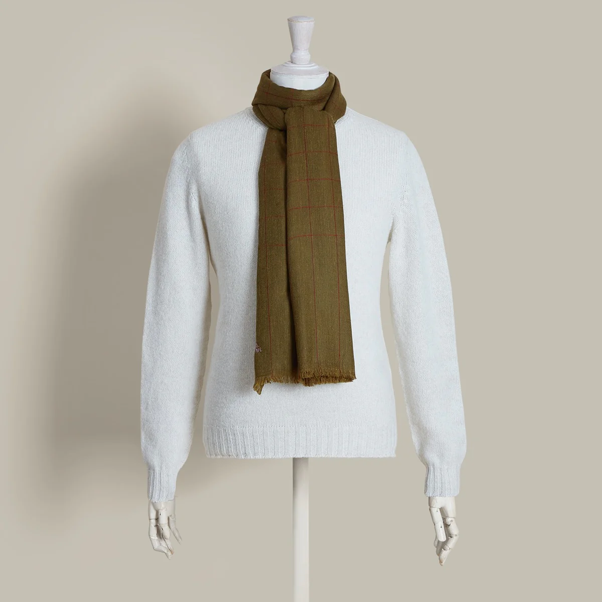 Windowpane Check Cashmere Scarf In Moss And Red - Image 2