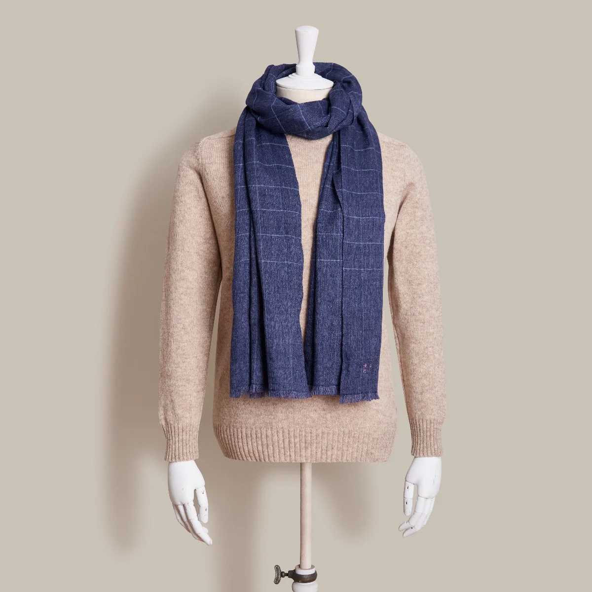 Windowpane Check Cashmere Scarf In Dark Blue and Sky - Image 2
